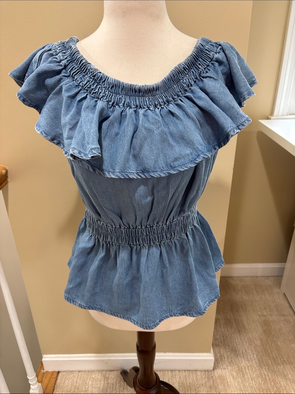NWT All Saints  Dana Tencel Blue Off-Shoulder Ruffle Peplum Top Size M